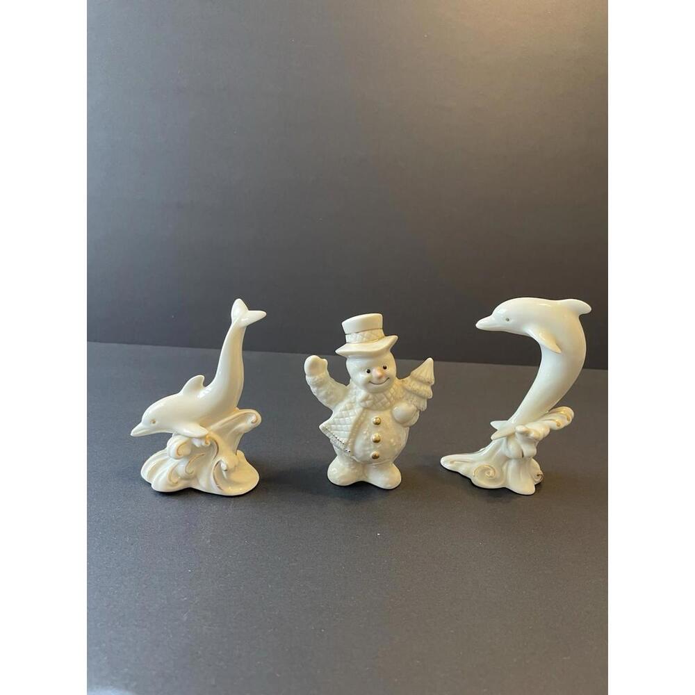 3 Vintage Lenox Dolphin Figurine/Snowman Ivory & 24K Gold Trim Fine China 4"